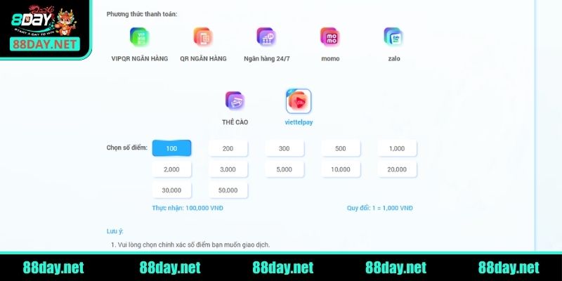 Lưu ý khi thực hiện nạp tiền 8Day